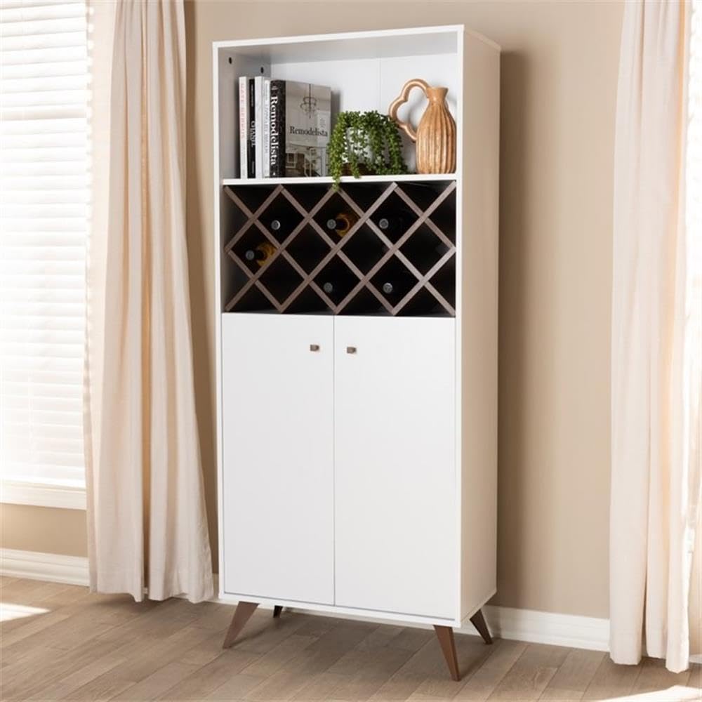 Baxton Studio Serafino Mid-Century Modern White and Walnut Finished Wood Wine Cabinet