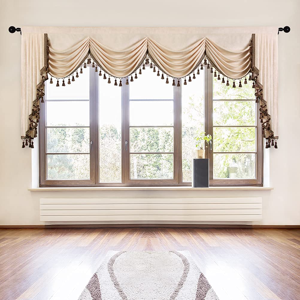Elkca Beige Chenille Window Curtains Valance For Living Room Luxury Waterfall Valance For Bedroom, Rod Pocket (W118 Inch, 1 Pane
