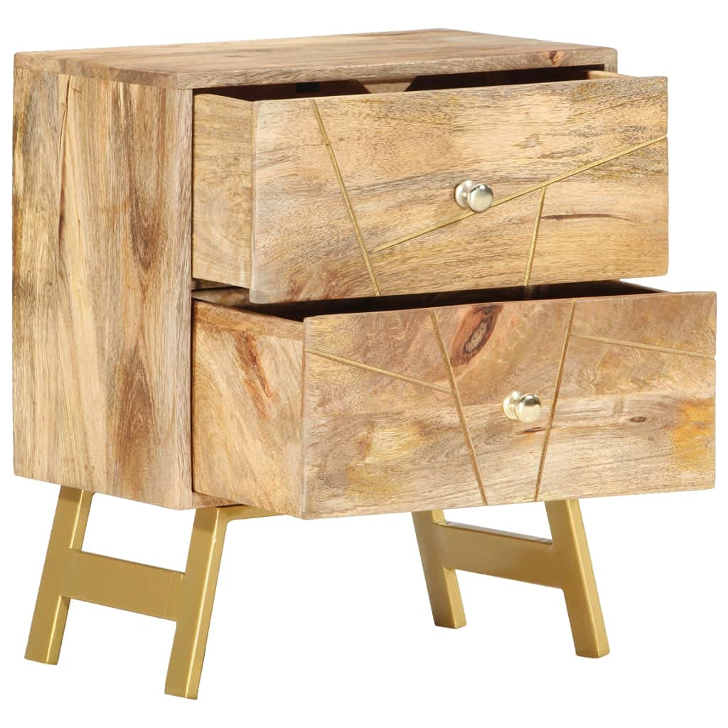 vidaXL Solid Mango Wood Bedside Cabinet - Versatile and Refined, with Spacious Drawers and Brass Steel Legs, Perfect for Any Living Space