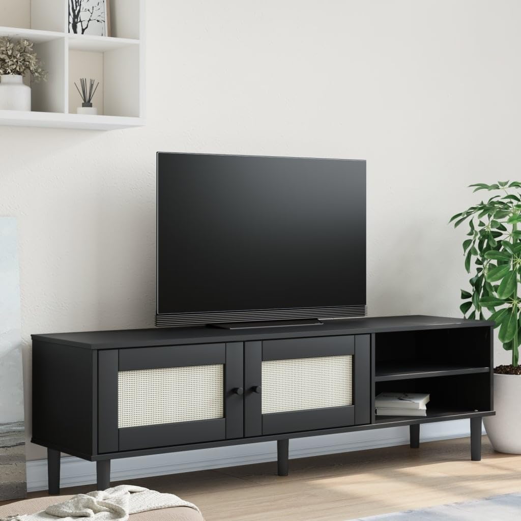 vidaXL SENJA Black Solid Pine TV Cabinet with Rattan Finish - Ample Storage Space, UV Varnish-Coated, Rustic Home Decor, for Living Room and Bedroom