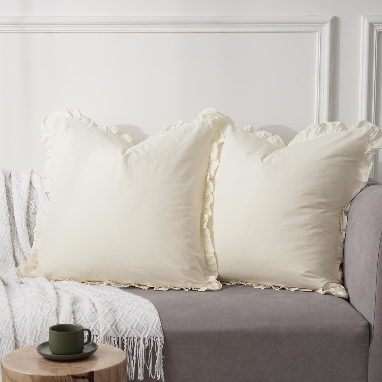 100% Washed Cotton Euro Shams With Ruffle, 2 Pack 26'' X 26'' Cotton Euro Sham Pillow Covers, No Insert, Ultra Soft Decorative F