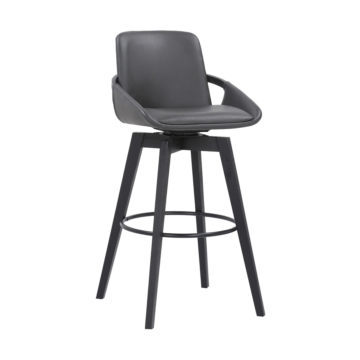 HomeRoots Gray Metal, Wood, Faux Leather 30' Luxurious Grey Faux Leather and Black Wood Swivel Bar Stool