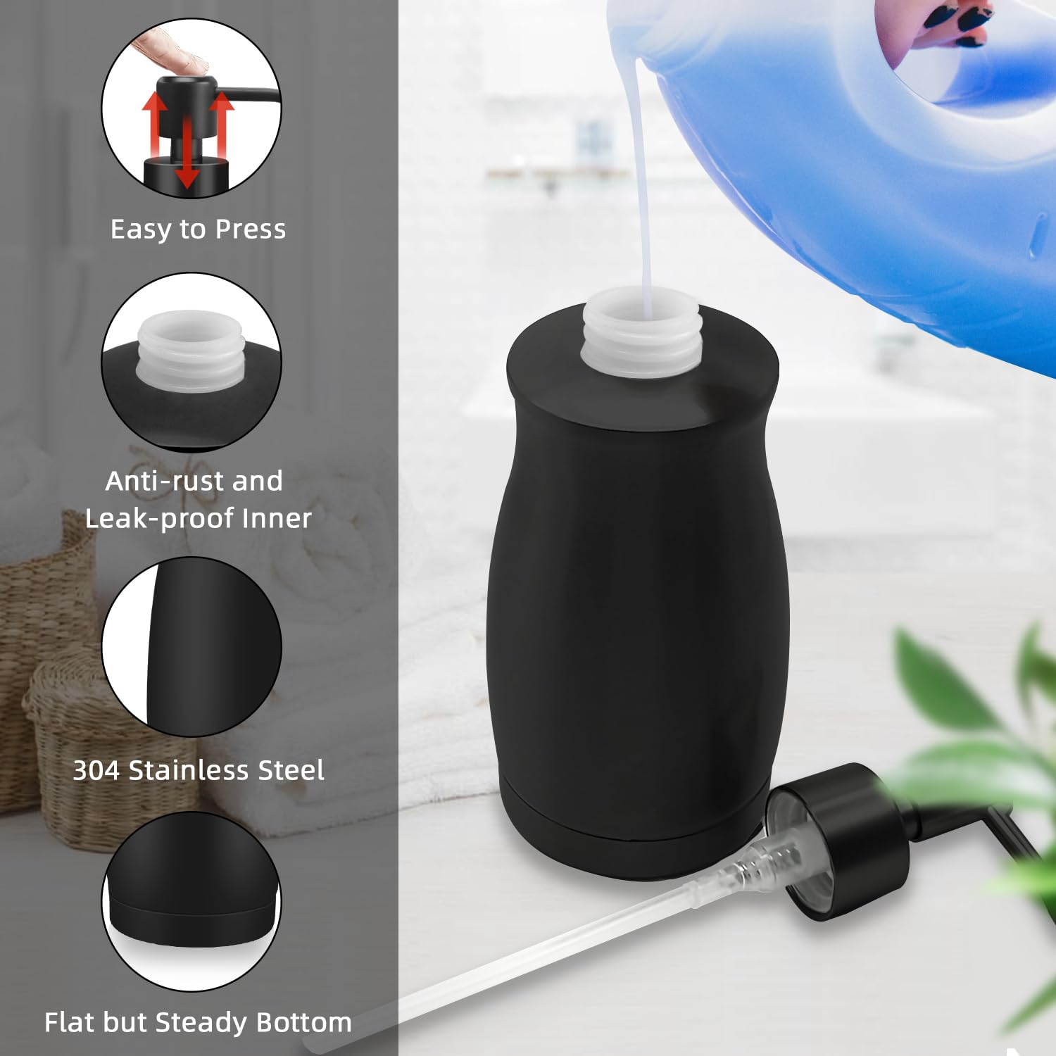 Arktek Matte Black Soap Dispenser Stainless Steel 13.5 Oz - Liquid Hand Lotion Dispenser Decor Refillable Dishwashing Soap Dispe