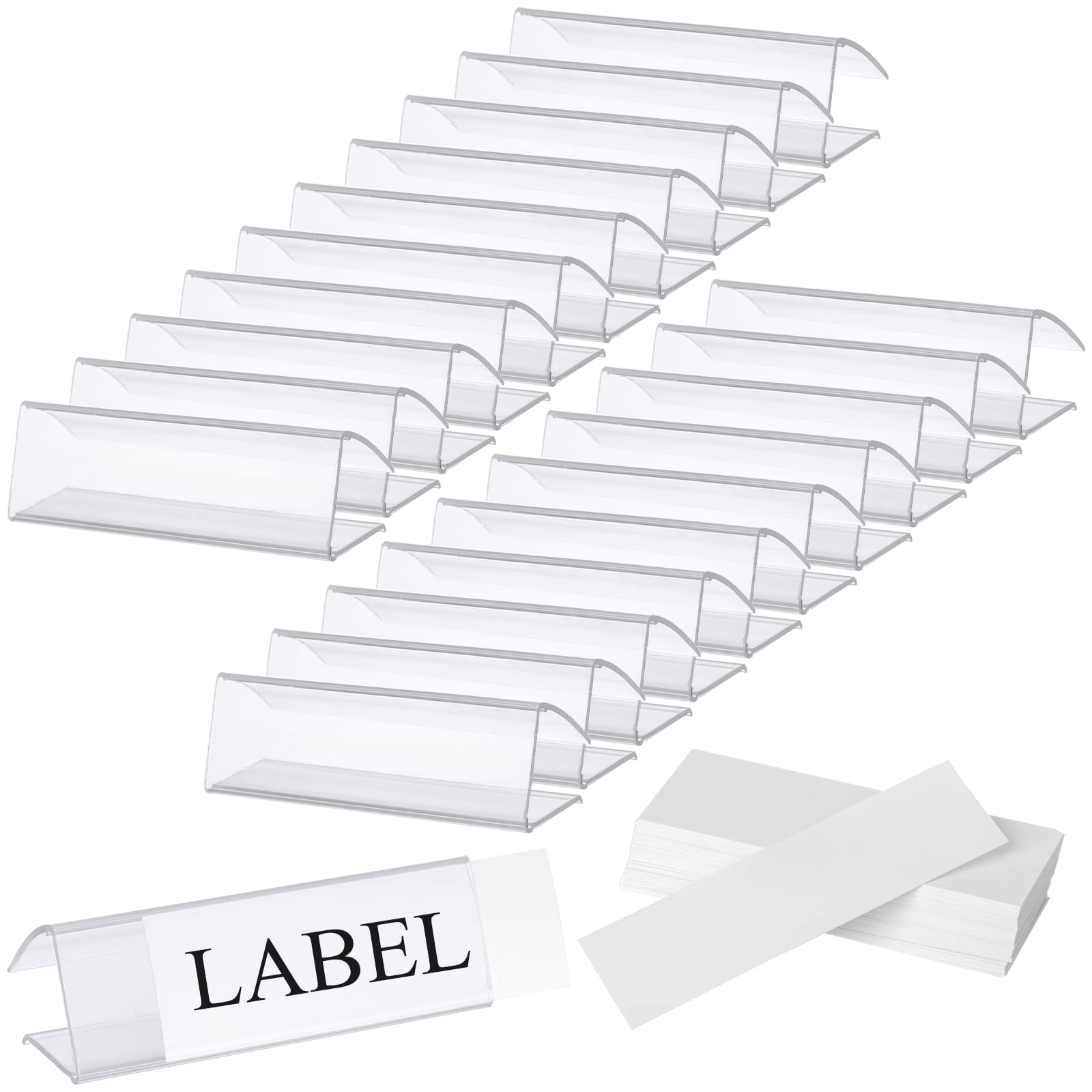 Hedume 100 Pcs Plastic Label Holder With 100 Pcs Label Inserts, 3' L X1' H Clear Plastic Shelf Label Holder, Shelf Sign And Ti