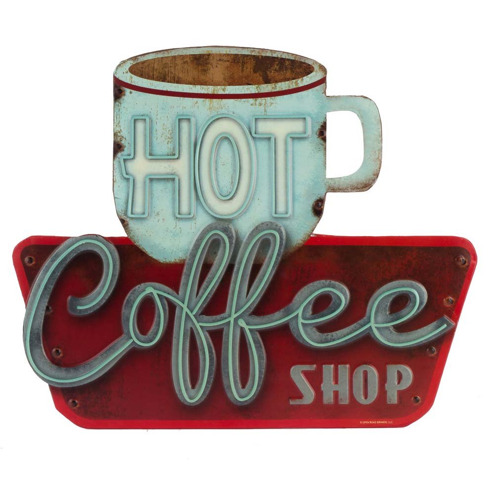 Hot Coffee Shop Embossed Metal Sign - Vintage Diner Coffee Sign for Kitchen, Office or Coffee Bar
