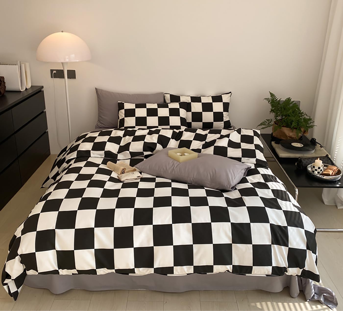 KAREVER Black White Grid Comforter Set Twin Black Plaid Bedding Set Girls Black and White Checkered Bed Comforter Set Breathable