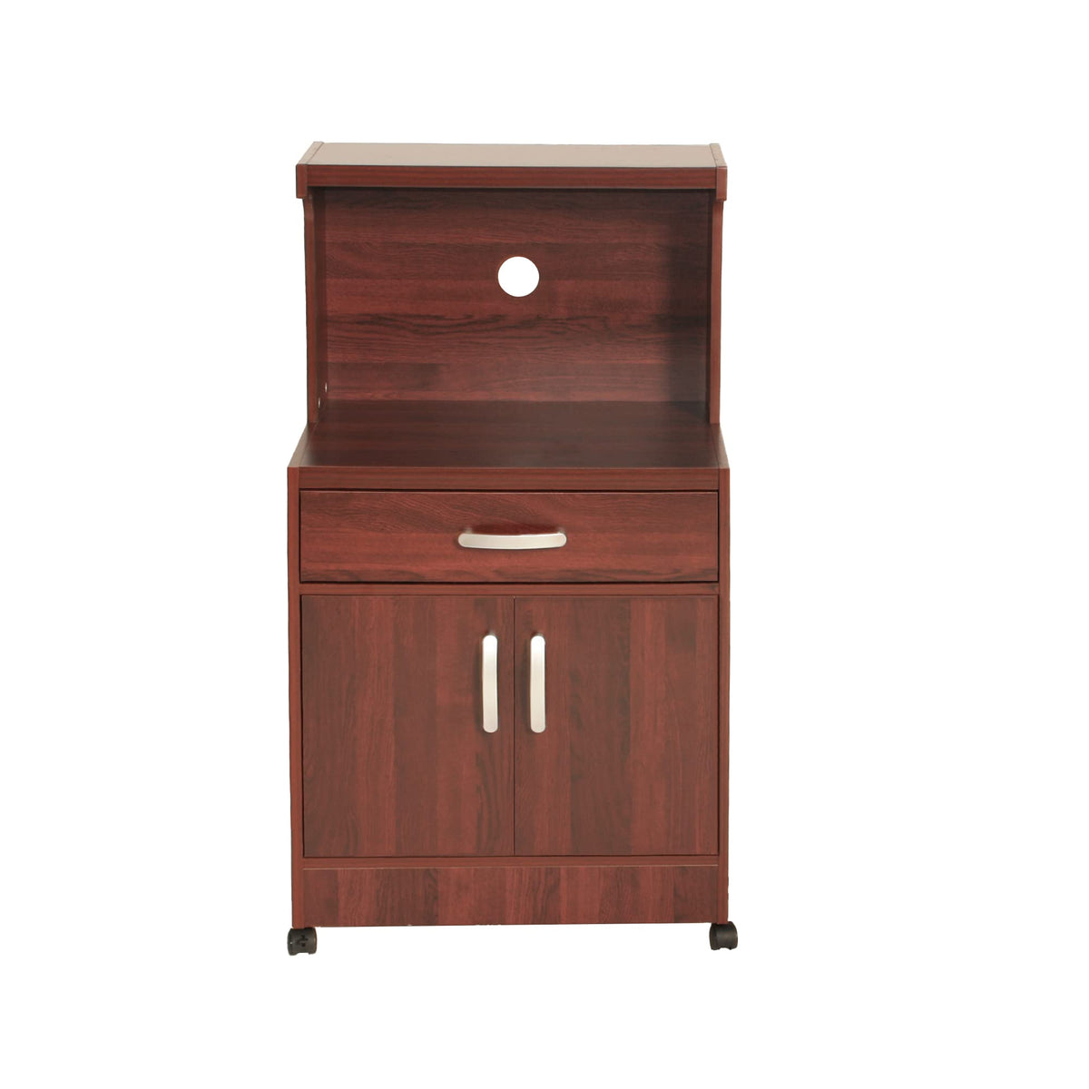 Shelby Kitchen Wooden Microwave Cart with One Drawer and Two Doors. Rolling Kitchen Cart (Mahogany) Easy Assembly