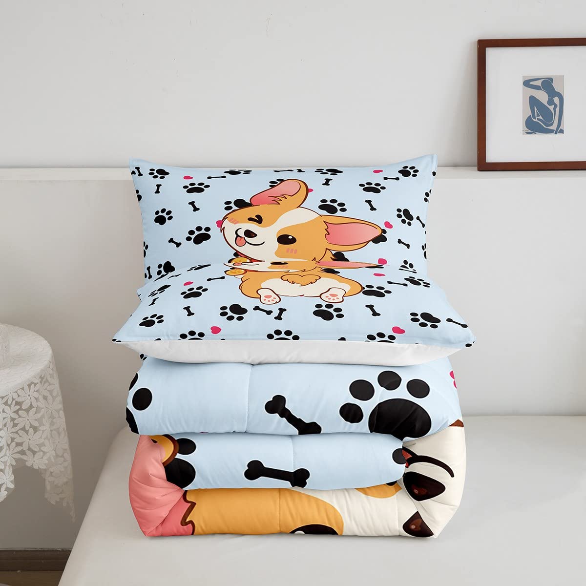 Castle Fairy Cute Corgi Bedding Set Queen Size,Cartoon Dog Footprint Bones Comforter 3Pcs For Kids Boys Girls Room Decor,Smiling