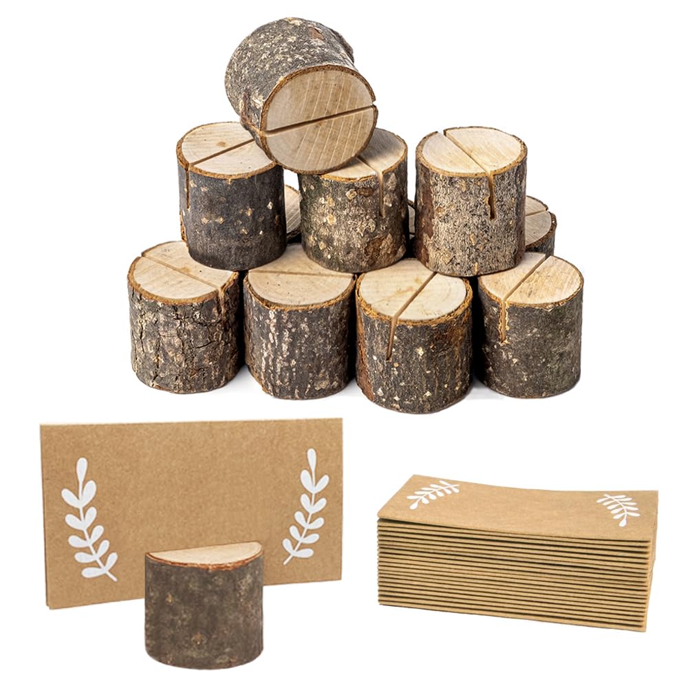 Wettin 24Pcs Rustic Wood Place Card Holders and 30Pcs Kraft Table Name Place Cards, Wood Table Number Holders, Wooden Photo Hold