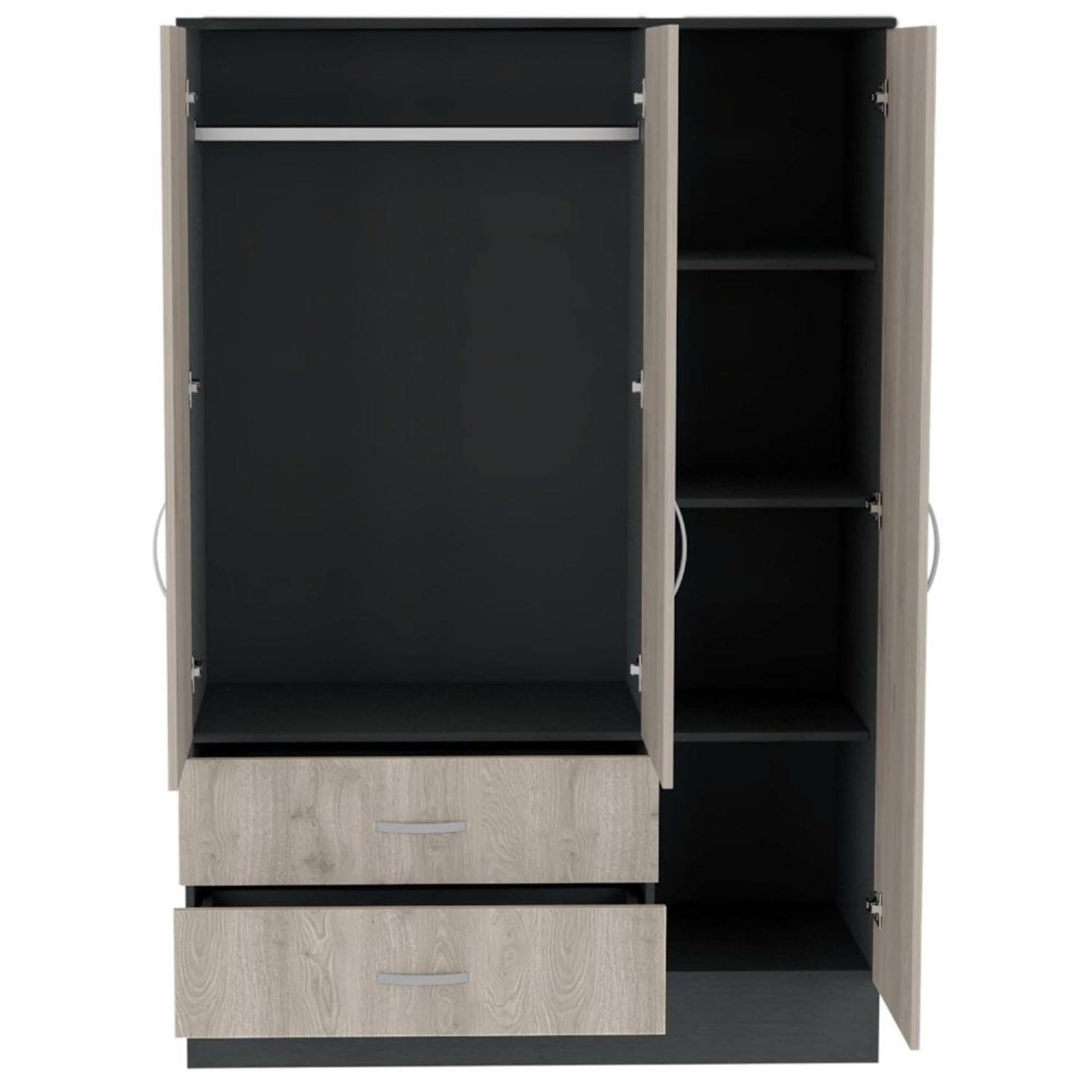 Gangi 120 Mirrored Armoire, Double Door Cabinet, 2 Drawers, Metal Hardware, Rods, 4 Shelves, Black/Light Gray