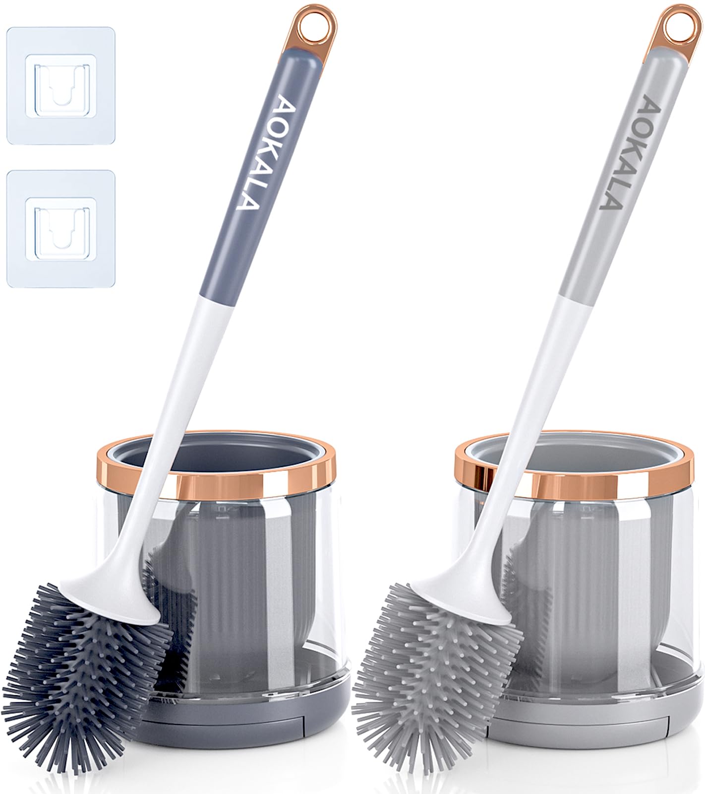 Aokala Silicone Toilet Brush Set, 2 Pack Toilet Bowl Brush and Holder with Tweezers Long Handle, Toilet Cleaner Brush for Bathro