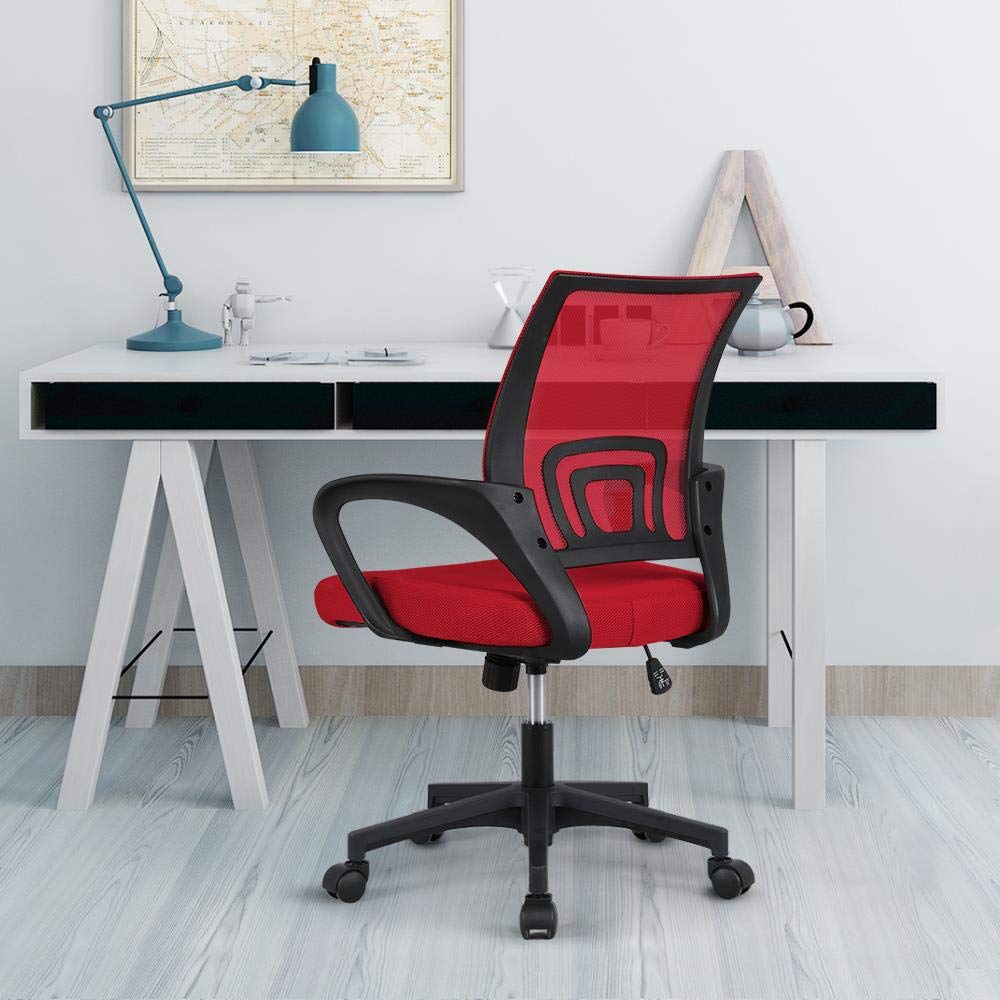 Yaheetech Office Chair Desk Chair Mid Back Mesh Task Chair Computer Chair Ergonomic Rolling Swivel Chair Adjustable Modern Executive Chair With Lumbar Support Armrests, Red