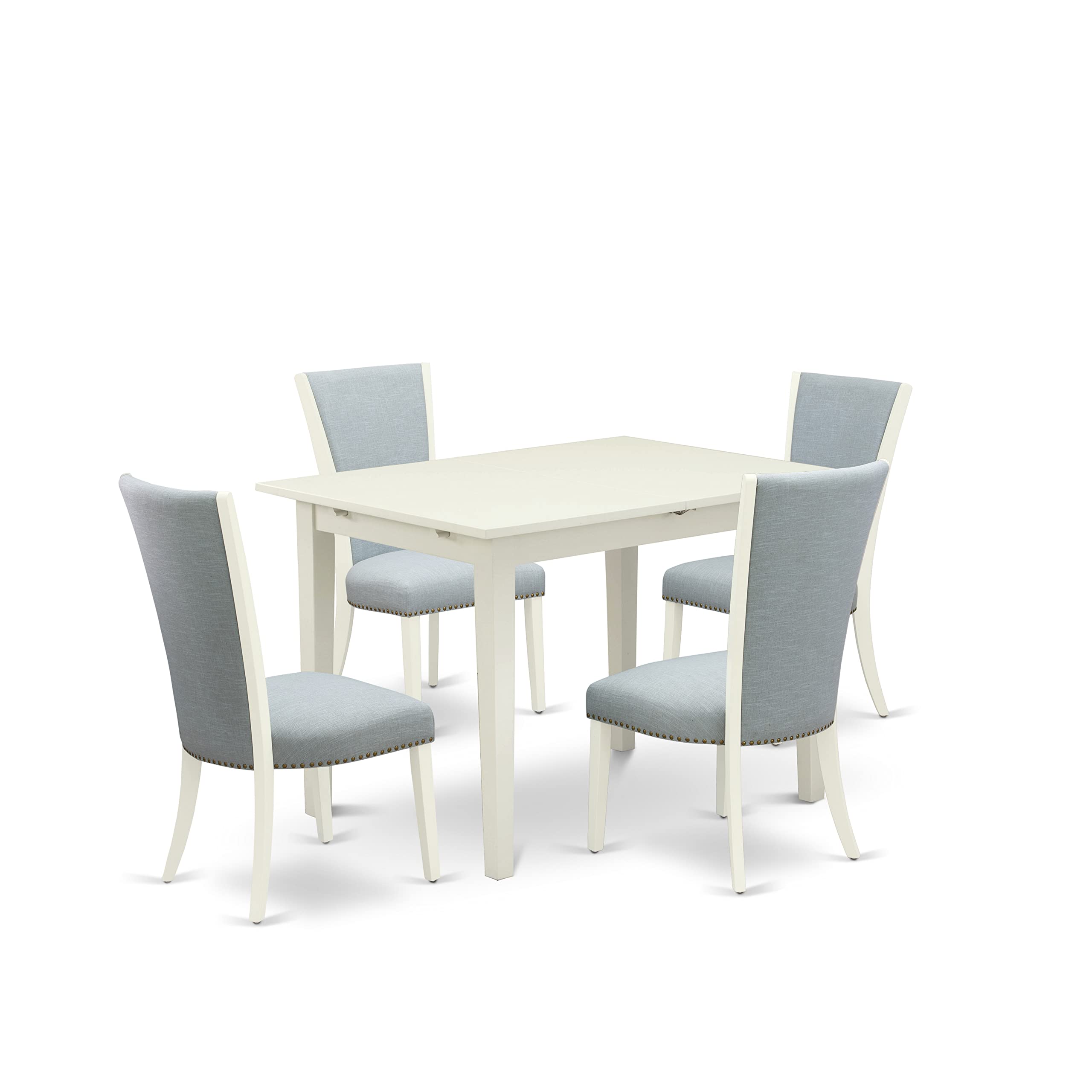 East West Furniture Nfve5-Whi-15 5 Piece Dining Table Set Includes A Rectangle Dining Room Table With Butterfly Leaf And 4 Baby Blue Linen Fabric Parsons Chairs, 32X54 Inch, Linen White