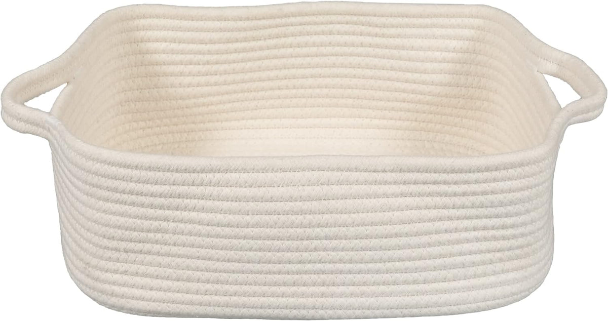 THE FIRST HOME DECOR Woven Cotton Rope Storage Basket with Handles for Organizing Shelves Closet Small Cat Dog Pet Toy Basket Bo