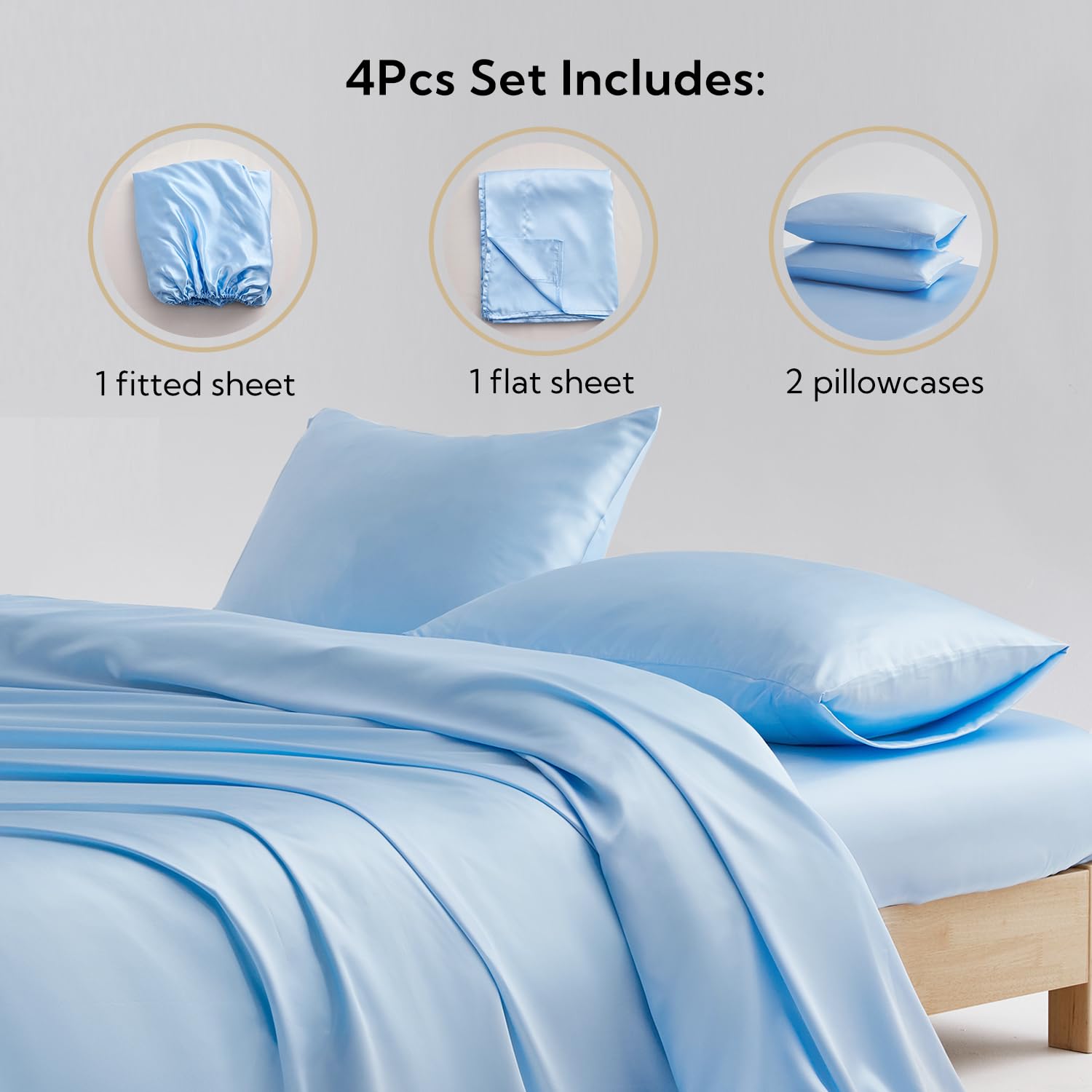 Candoury Satin Sheets Full Size Bed Sheets Set 4 Pcs, Soft And Durable Pillowcase, Flat Sheet And Fitted Sheet, Hotel Luxury Silky Satin Sheets Set (Full, Light Blue)