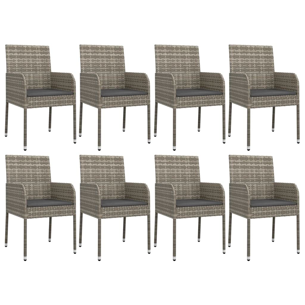 vidaXL Gray Poly Rattan 9-Piece Outdoor Patio Dining Set Featuring Tempered Glass Tabletop & Cushion, Weather-Resistant, Sturdy Steel Frame & Flexible Modular Design