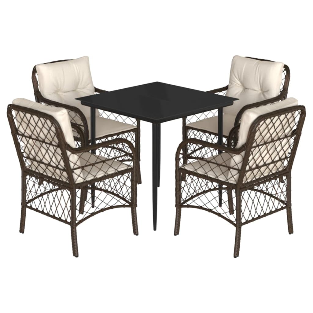 vidaXL 5 Piece Patio Dining Set - Brown Poly Rattan with Cushions & Tempered Glass Tabletop for Garden/Backyard
