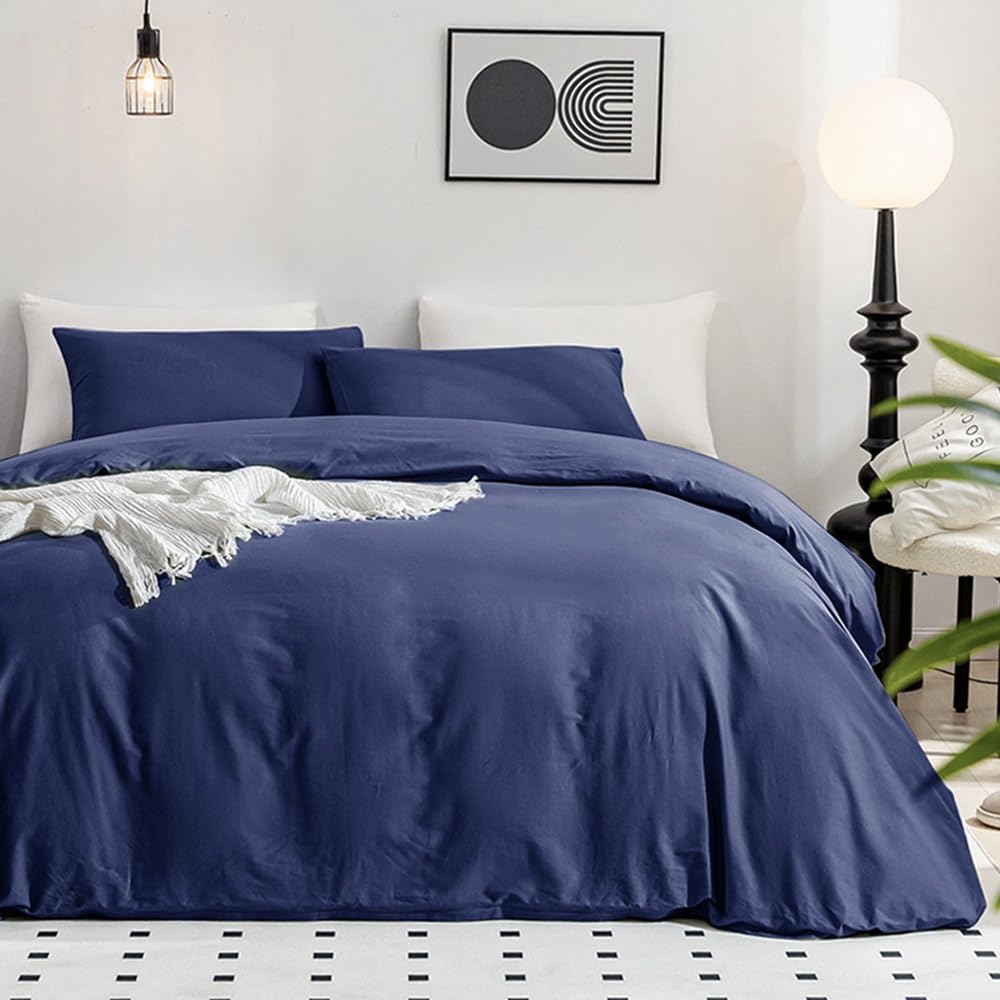 Jellymoni Cotton Navy Blue Duvet Cover Twin Size - Washed Cotton Linen Like Textured Comforter Cover, 2 Pieces Breathable Soft B
