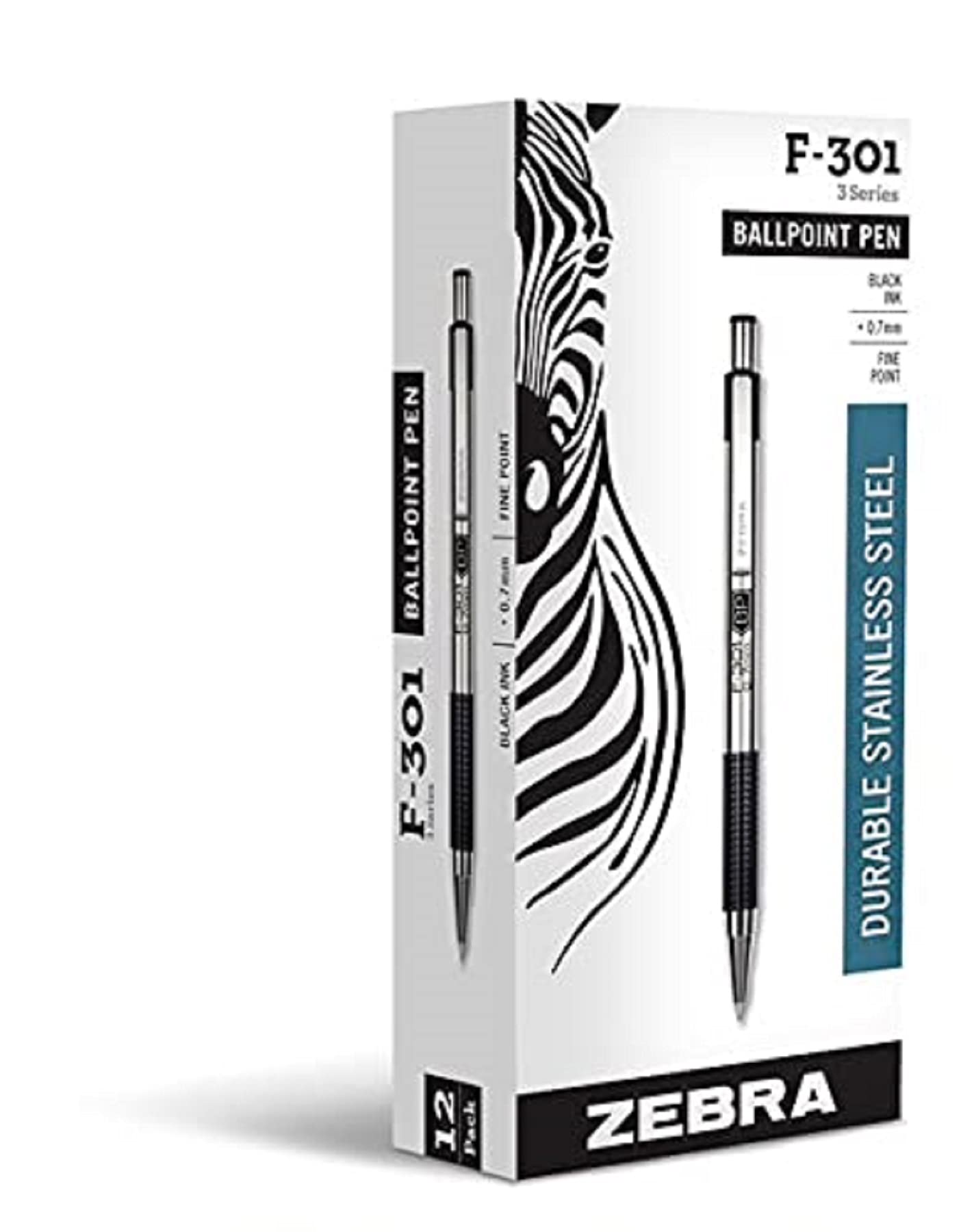 Zebra F-301 1.0Mm Stainless Steel Ballpoint Pen - Black (Box Of 12)