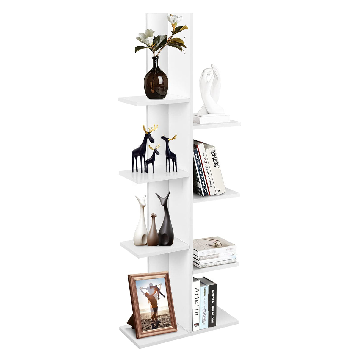Giantex Tree Bookshelf, 7-Tier Tall Freestanding Wood Bookshelf With Anti-Toppling, Modern Multipurpose Display Storage Rack Organizer Corner Shelf For Books, Photos, White