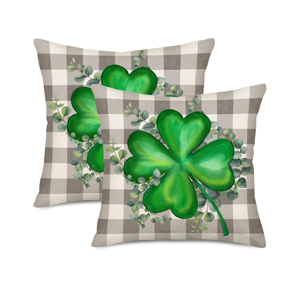 Fukeen St. Patrick'S Day Green Clover Throw Pillow Covers Set Of 2 24X24 Inch Grey Buffalo Plaid Lucky Shamrock Pillow Cases Cot