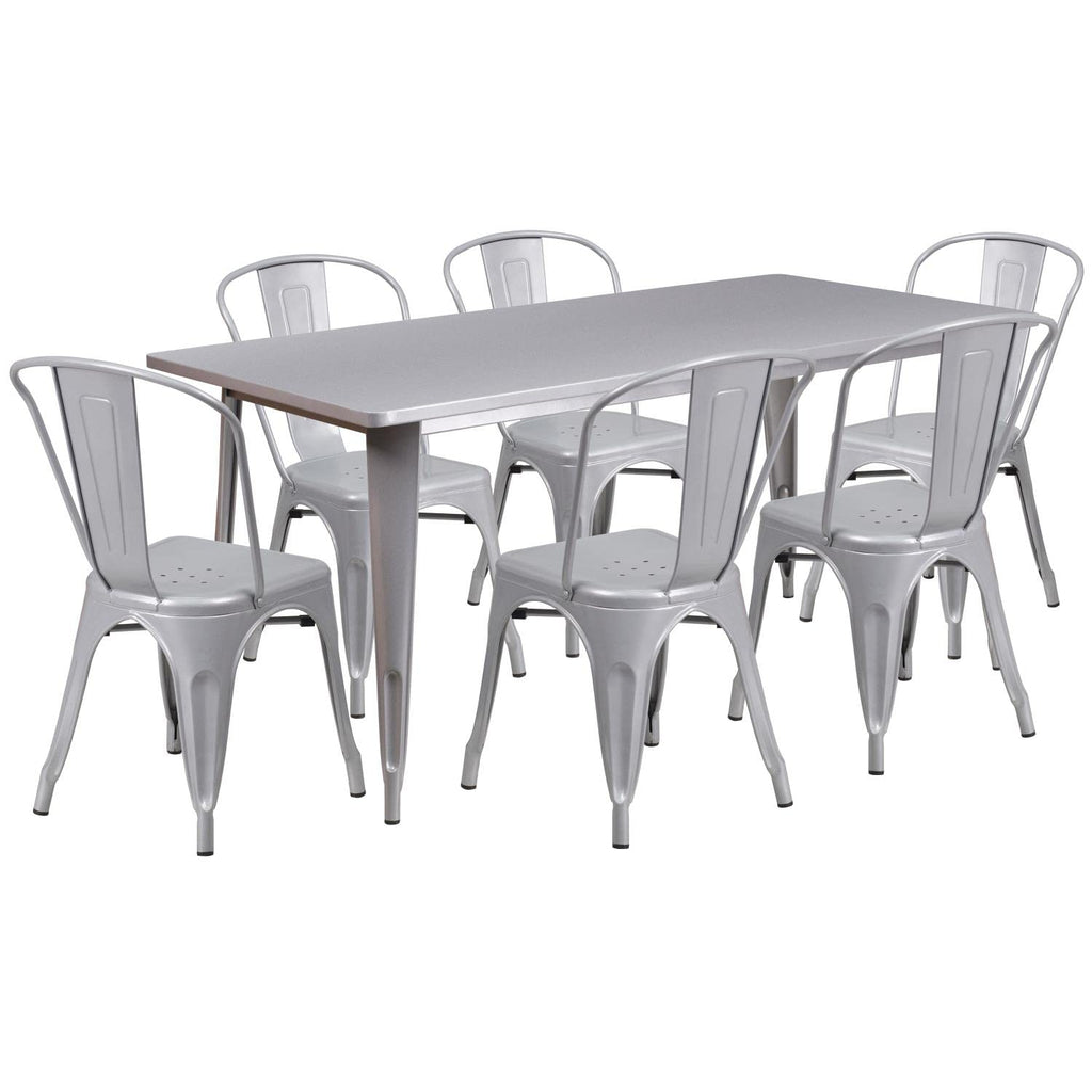 Flash Furniture Commercial Grade 31.5" x 63" Rectangular Silver Metal Indoor-Outdoor Table Set with 6 Stack Chairs