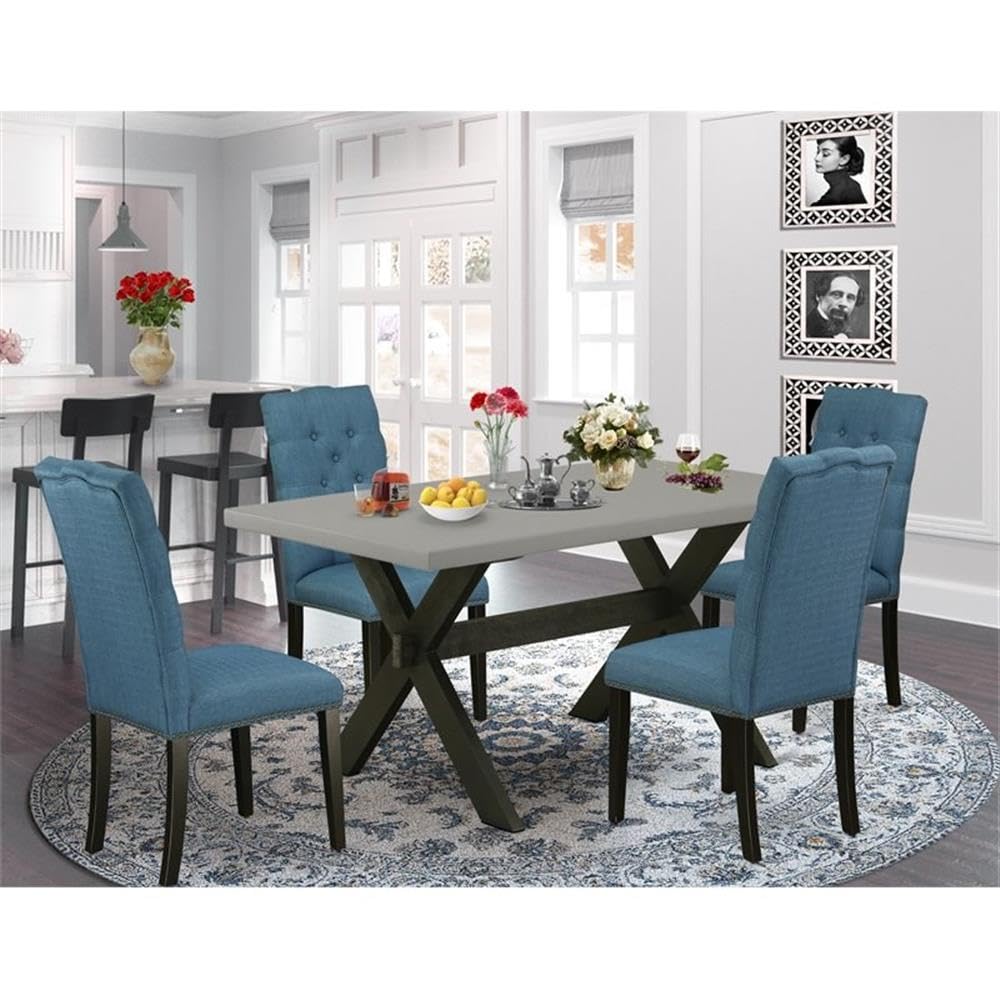 East West Furniture X696El121-5 5 Piece Dining Table Set For 4 Includes A Rectangle Kitchen Table With X-Legs And 4 Blue Linen Fabric Upholstered Chairs, 36X60 Inch, Multi-Color