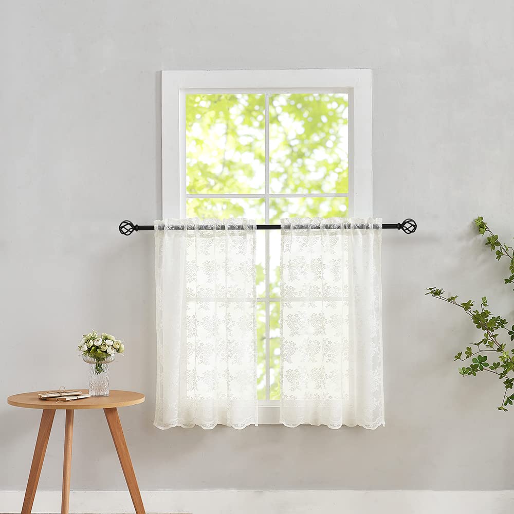 Yj Yanjun Lace Curtains 36 Inch Length Ivory Country Cafe Curtains Kitchen Sheer Tier Curtains Short Curtains For Bathroom 2 Pan