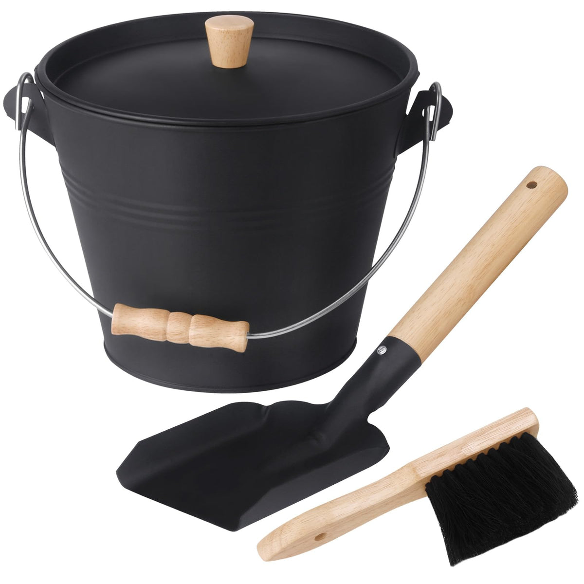 GameXcel 1.5 Gallon Ash Bucket with Lid and Shovel Hand Broom  Galvanized Iron Metal Ash Can Pail with Wooden Handle for Indoor