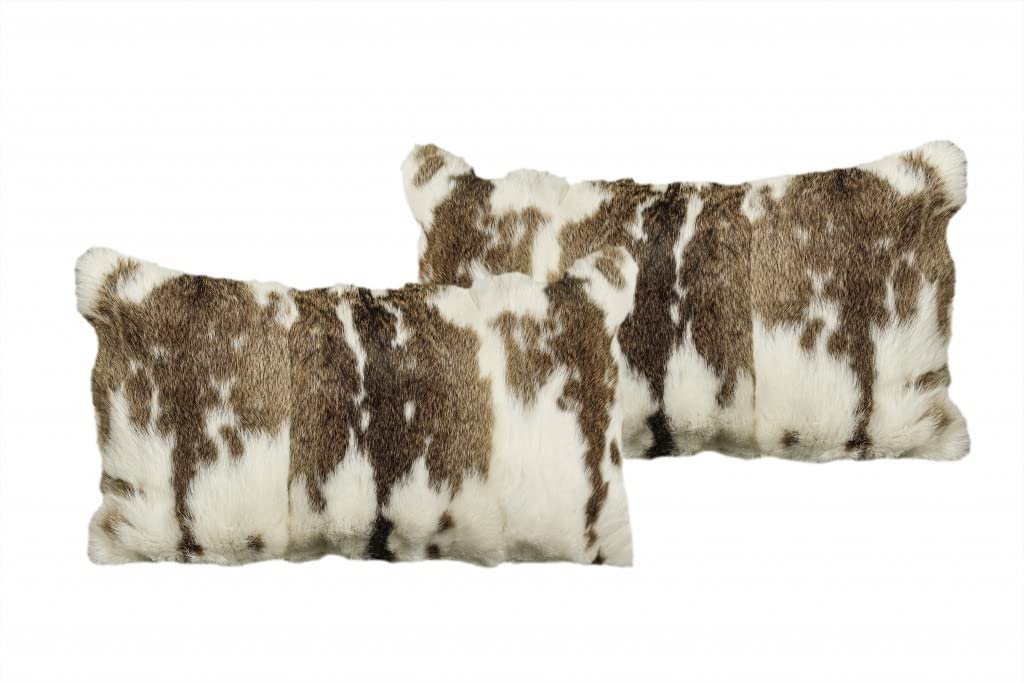 HomeRoots 100% Natural Rabbit Fur and Microsuede Set of Two 12' X 20' Brown and White Rabbit Natural Fur Animal Print Throw Pillows
