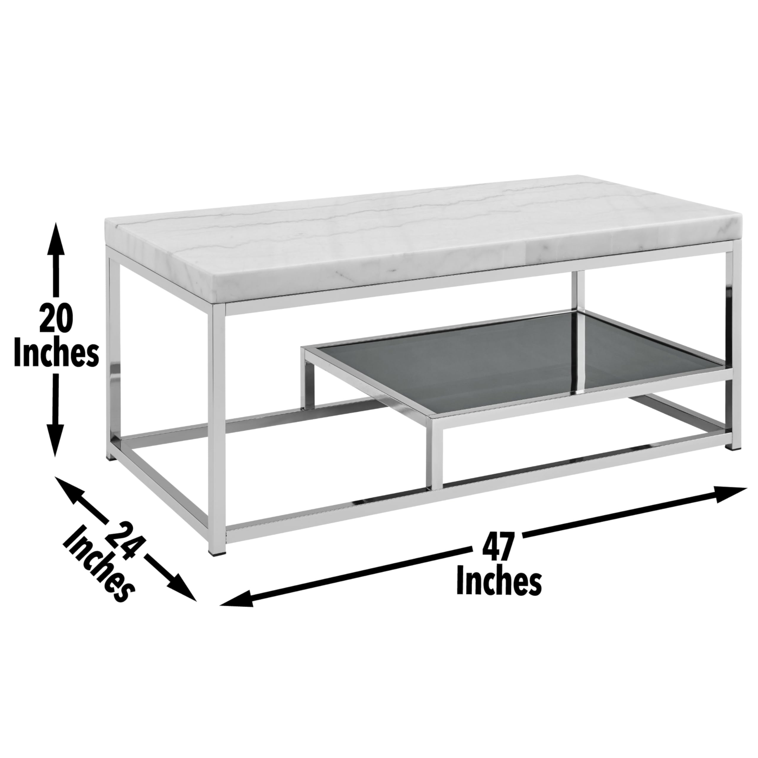 Steve Silver Company Rectangular Aston White Marble Top Cocktail Coffee Table, Marble Veneer Top, Tempered Black Glass, Chrome Sled Base, 47&quot; L x 24&quot; W x 20&quot; H, White