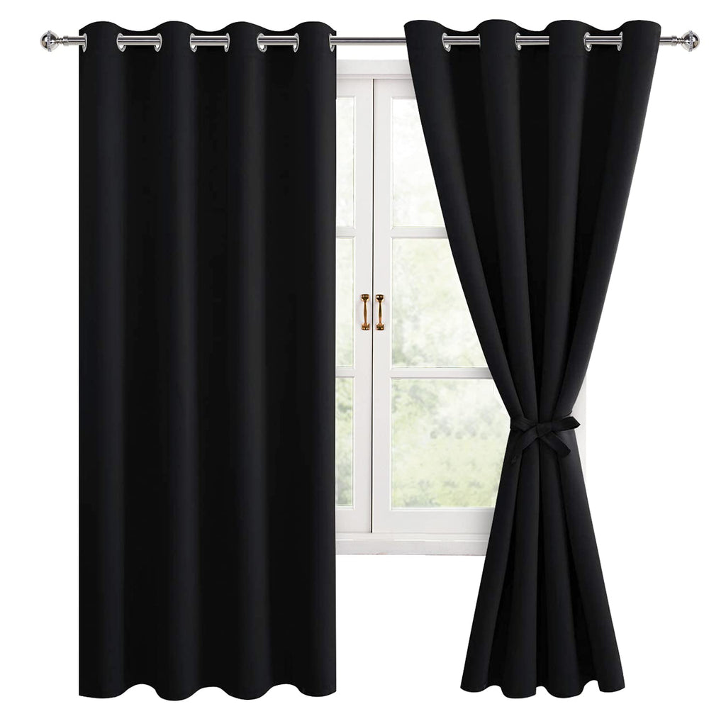 Hiasan Blackout Curtains For Bedroom, 52 X 63 Inches Length - Thermal Insulated & Light Blocking Window Curtains For Living Room, 2 Drape Panels Sewn With Tiebacks, Black