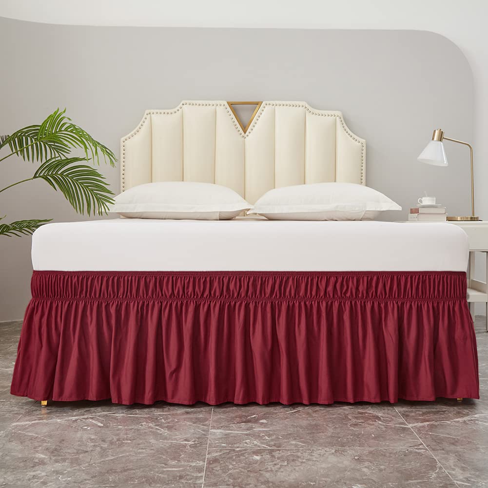 Meila Wrap Around Bed Skirt Three Fabric Sides Elastic Dust Ruffled 16 Inch Tailored Drop,Easy To Install Fade Resistant-Burgundy, Queen/King