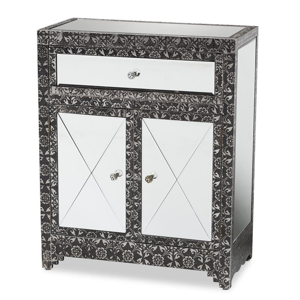 Baxton Studio Wycliff Industrial Glam and Luxe Silver Finished Metal and Mirrored Glass 1-Drawer Sideboard Buffet