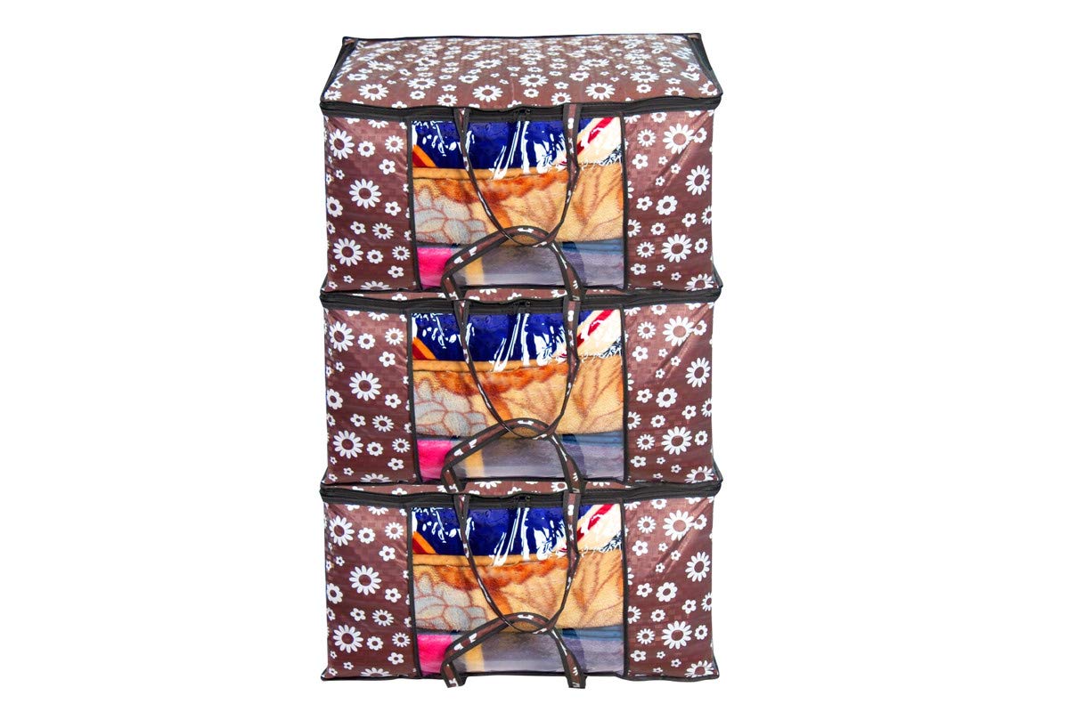 Stylista Blanket Storage Bags Large Size Set Of 3 Floral Pattern White