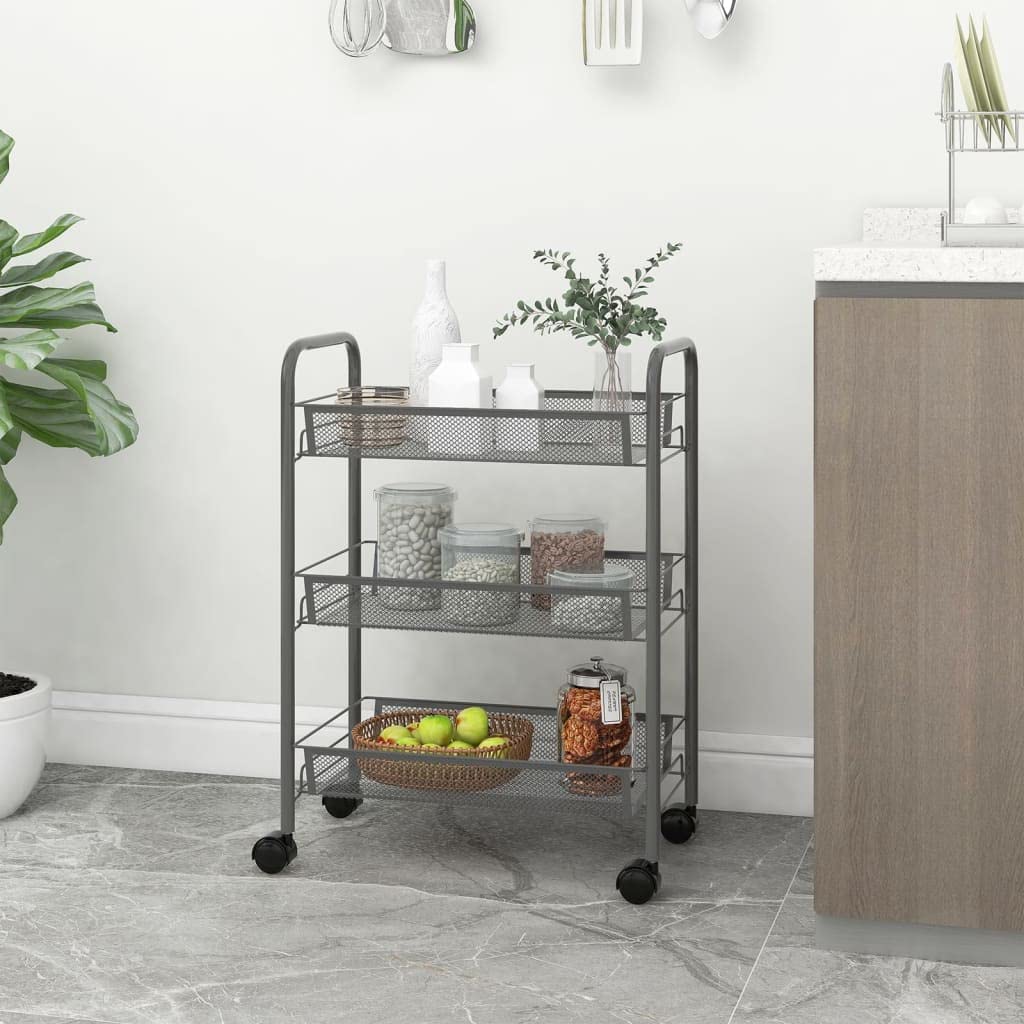 vidaXL 3-Tier Kitchen Trolley in Gray - Compact and Mobile Versatile Storage Solution with Removable Iron Mesh Baskets for Kitchen, Bathroom, or Office Use.