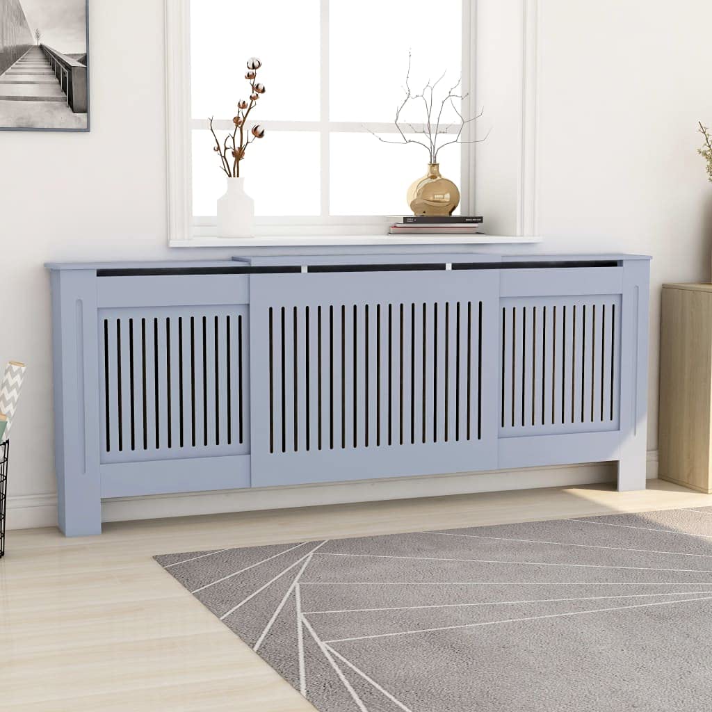 vidaXL Radiator Cover with Adjustable Length, Slatted Design Heater Cover Cabinet with Storage Shelf, Hide Cluttered Pipes, MDF, 55.5-80.7''x7.5''x32.1'', Grey
