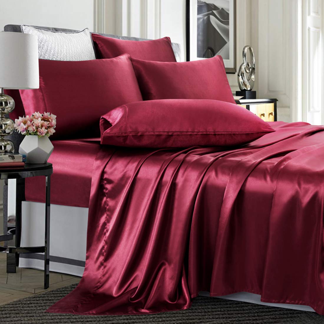 Treely 4 Piece Satin Sheets Twin Size Silky Smooth Burgundy Satin Sheet Set With Deep Pocket, Satin Fitted Sheet, Flat Sheet, 2