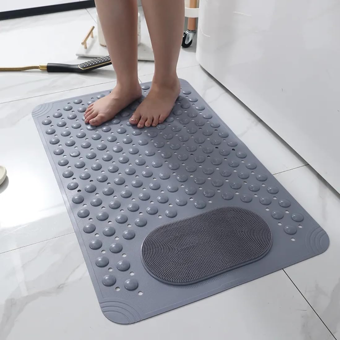 ACHAL Non Slip Bath Mat with Scrubber for Tub Machine Washable, Rubber Bathtub Shower Mat with Suction Cups, Drain Holes, Foot M
