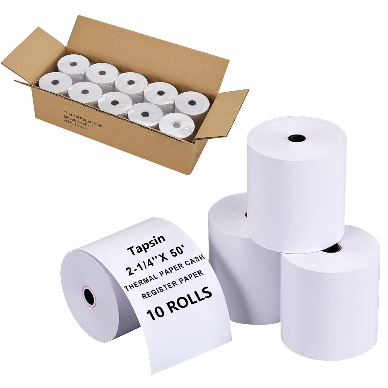 Tapsin 2-1/4' X 50' (10 Rolls) Thermal Receipt Paper, Fits 58Mm Thermal Pos Printers, Premium Quality, Biodegradable