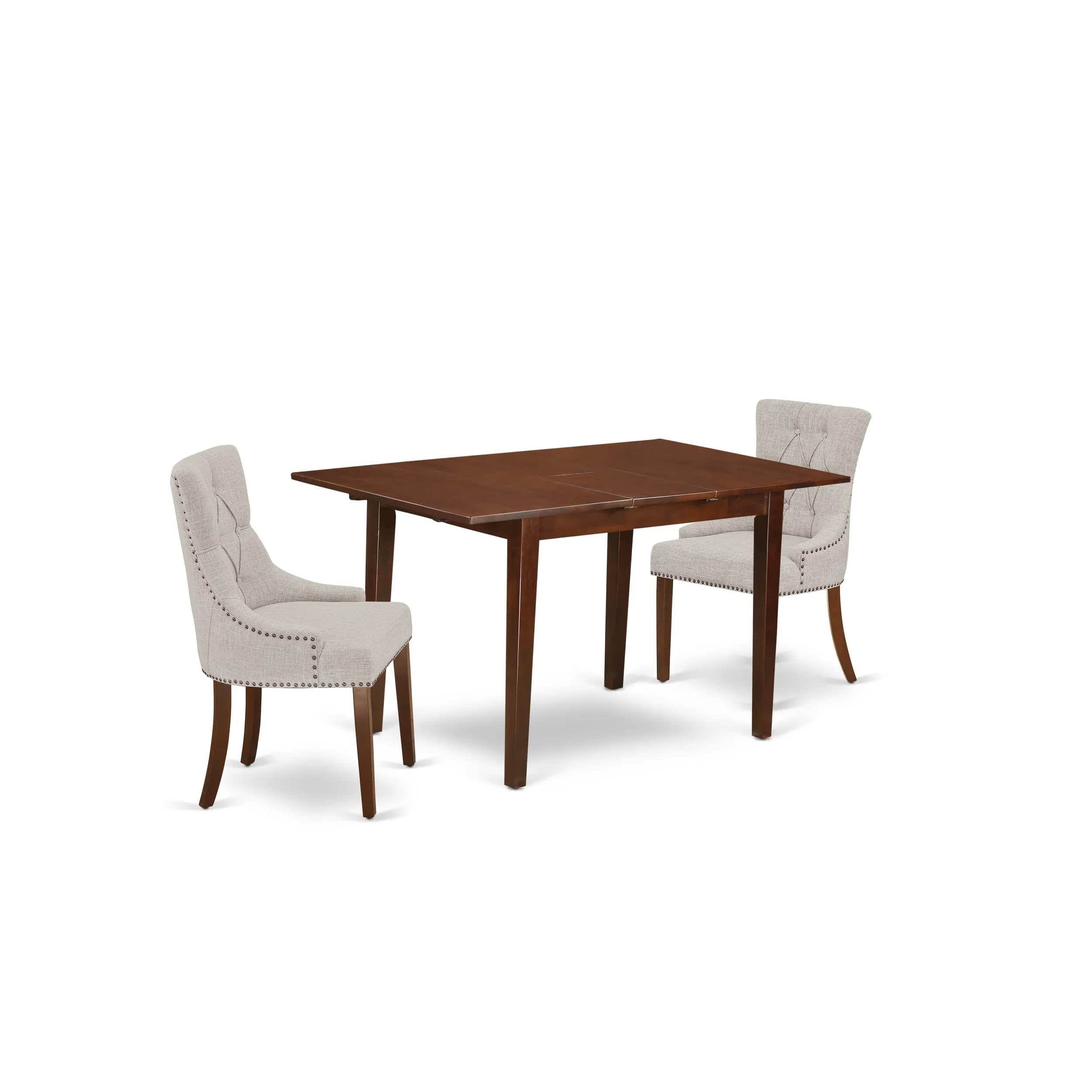 East West Furniture Nofr3-Mah-05 Norfolk 3 Piece Kitchen Set Contains A Rectangle Dining Room Table With Butterfly Leaf And 2 Doeskin Linen Fabric Parsons Chairs, 32X54 Inch