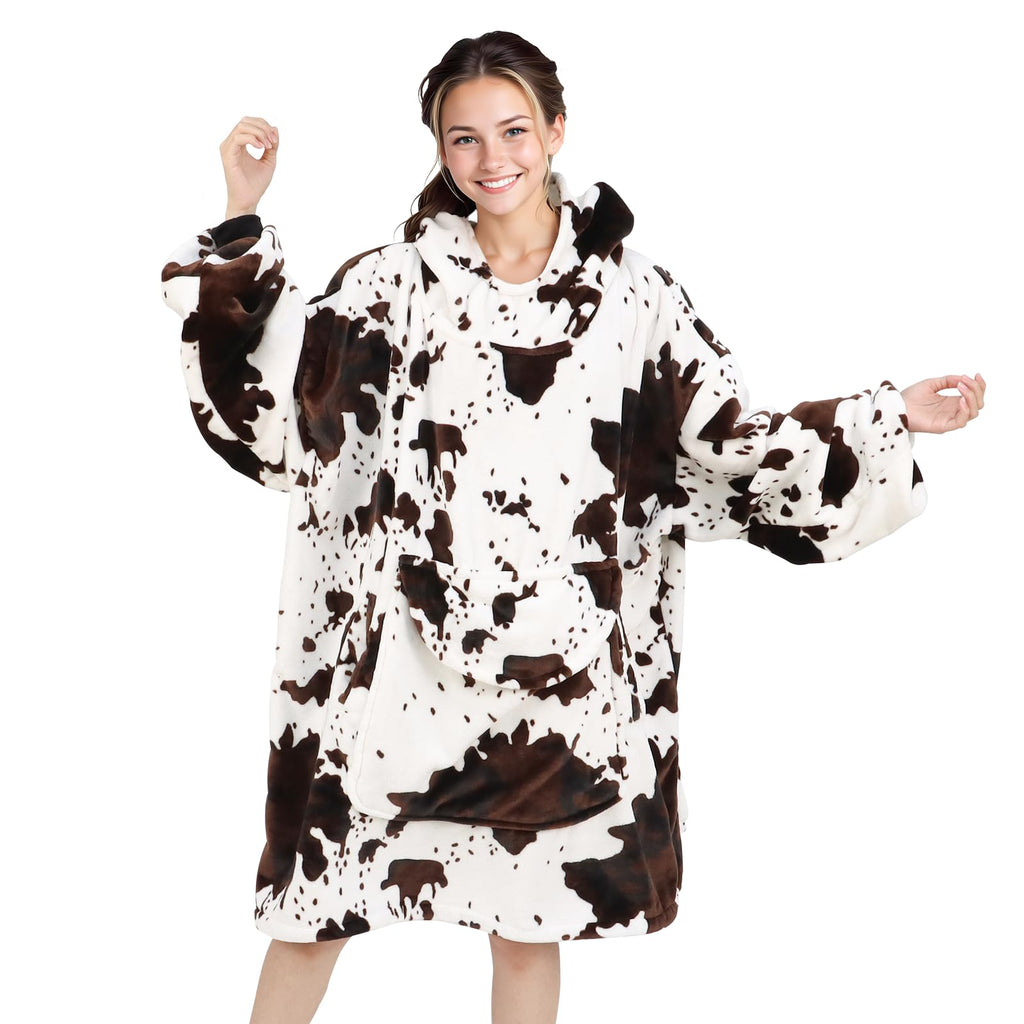 Kivee Wearable Blanket Hoodie Cow Print Oversized Fleece Sweatshirt Blanket With Giant Pocket Warm Cozy Hooded Blanket For Adult