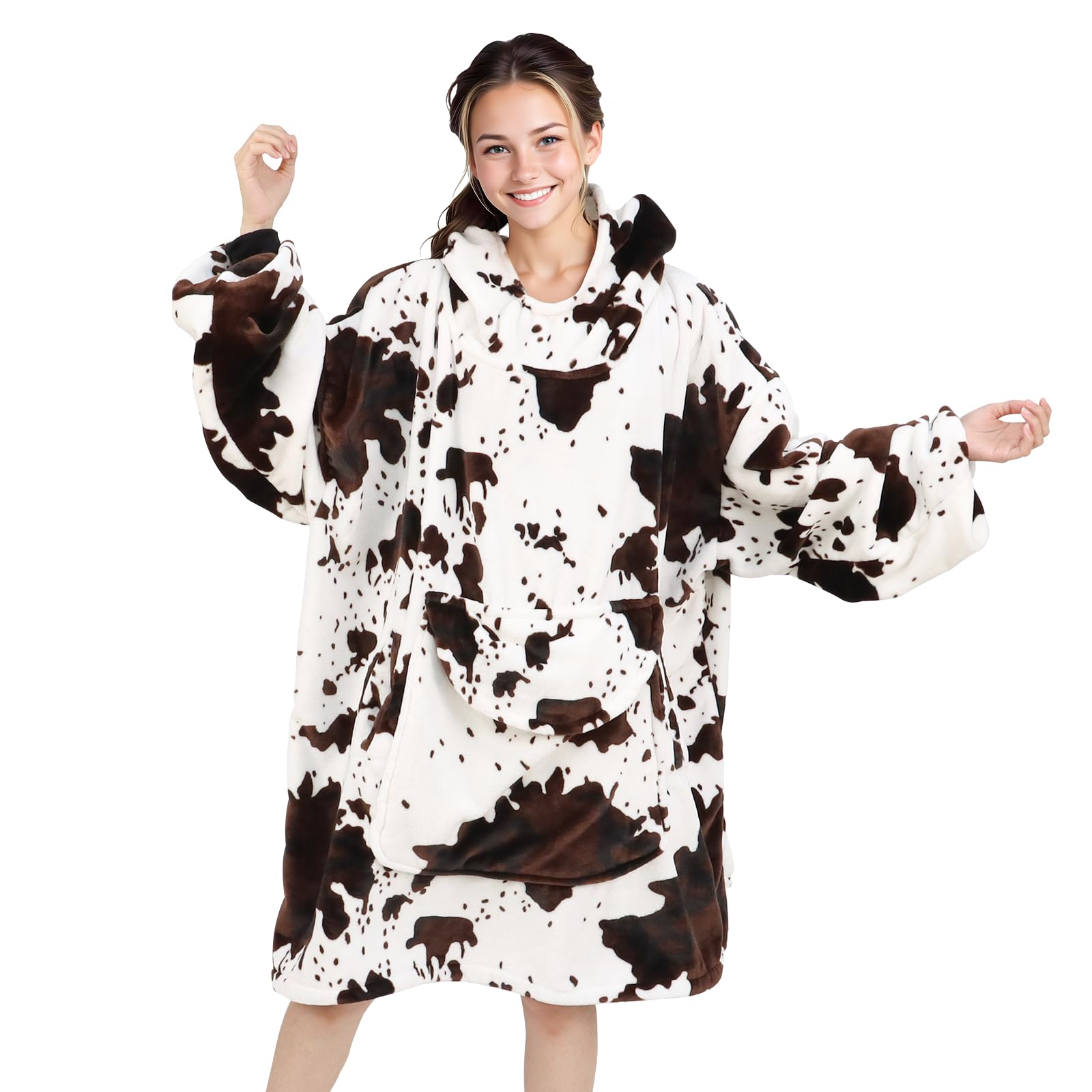 Kivee Wearable Blanket Hoodie Cow Print Oversized Fleece Sweatshirt Blanket With Giant Pocket Warm Cozy Hooded Blanket For Adult