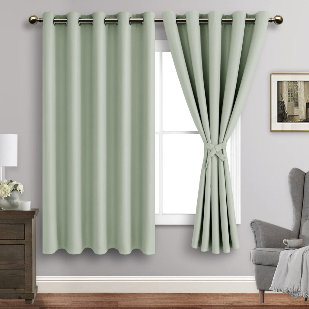 Jiuzhen Light Green Blackout Curtains With Tiebacks Thermal Insulated, Light Blocking And Noise Reducing Grommet Curtains For And Living Room, Set Of 2 Window Curtain Panels, 60 X 63 Inch Length