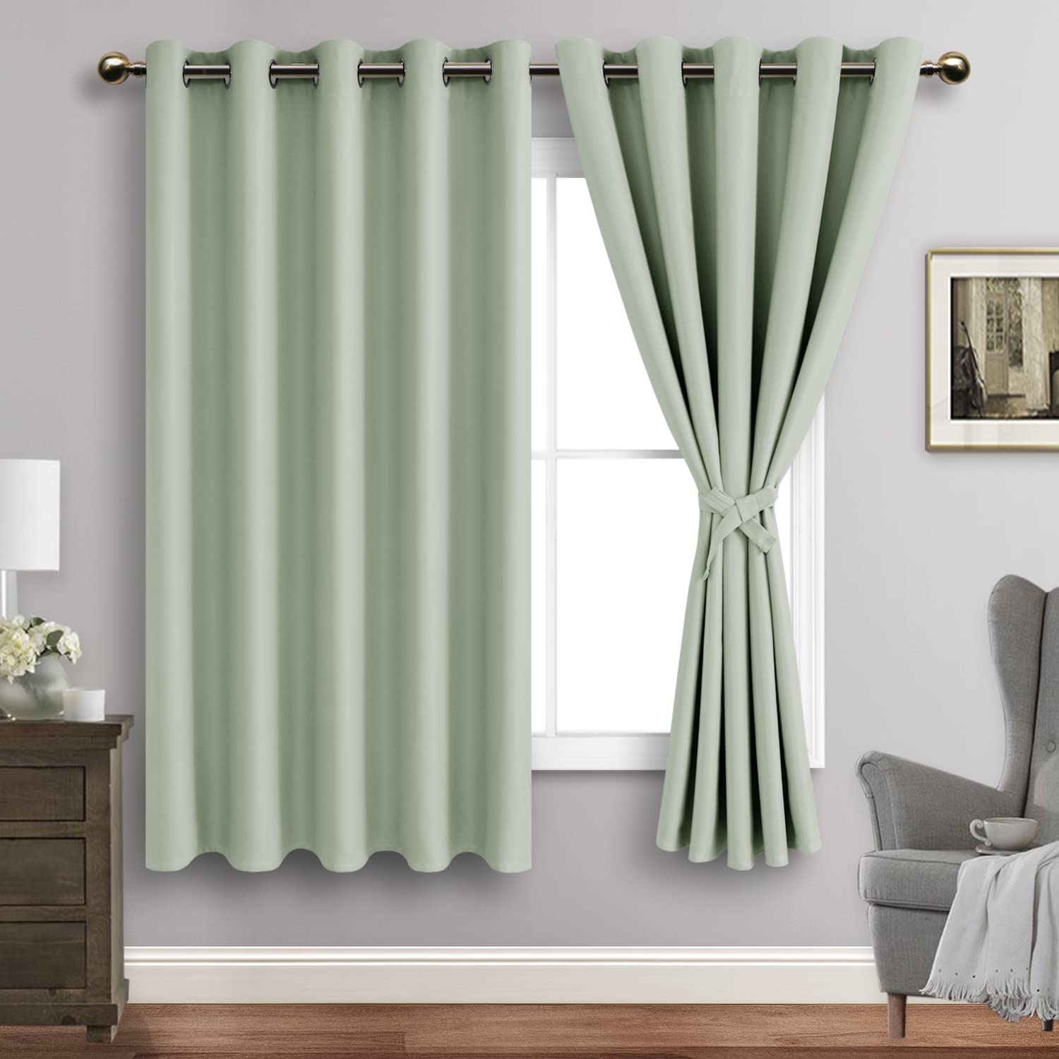 Jiuzhen Light Green Blackout Curtains With Tiebacks Thermal Insulated, Light Blocking And Noise Reducing Grommet Curtains For And Living Room, Set Of 2 Window Curtain Panels, 60 X 63 Inch Length