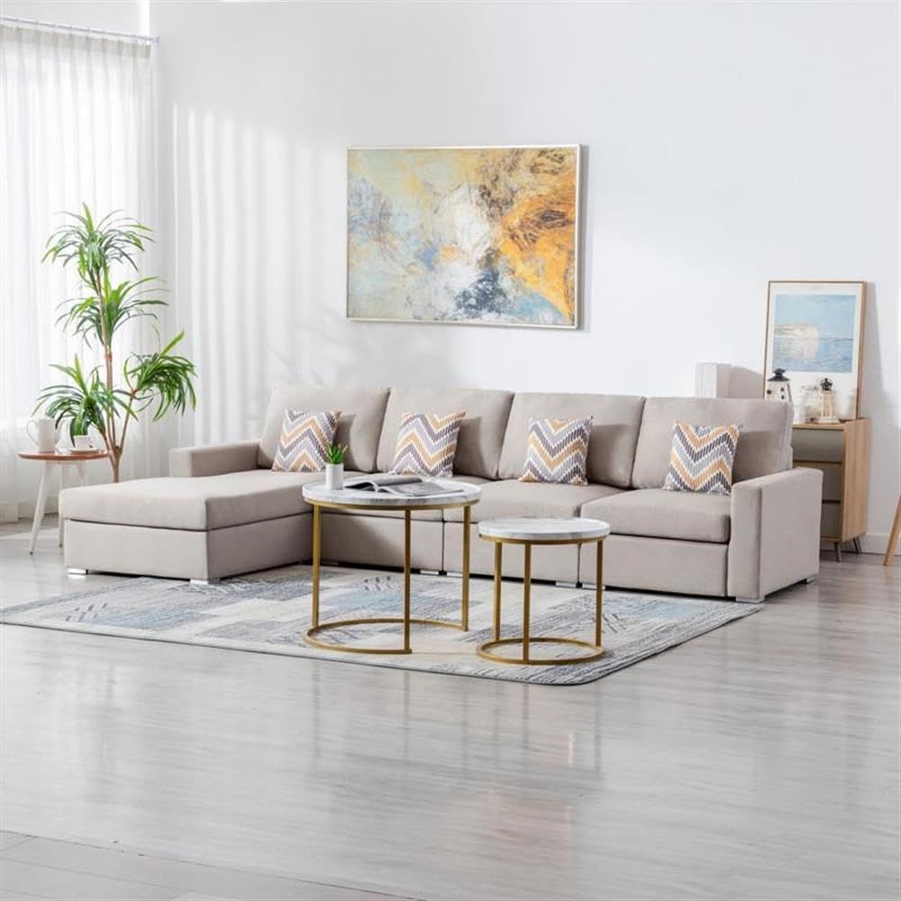 Lilola Home Nolan Beige Linen Fabric 4Pc Reversible Sectional Sofa Chaise with Pillows and Interchangeable Legs
