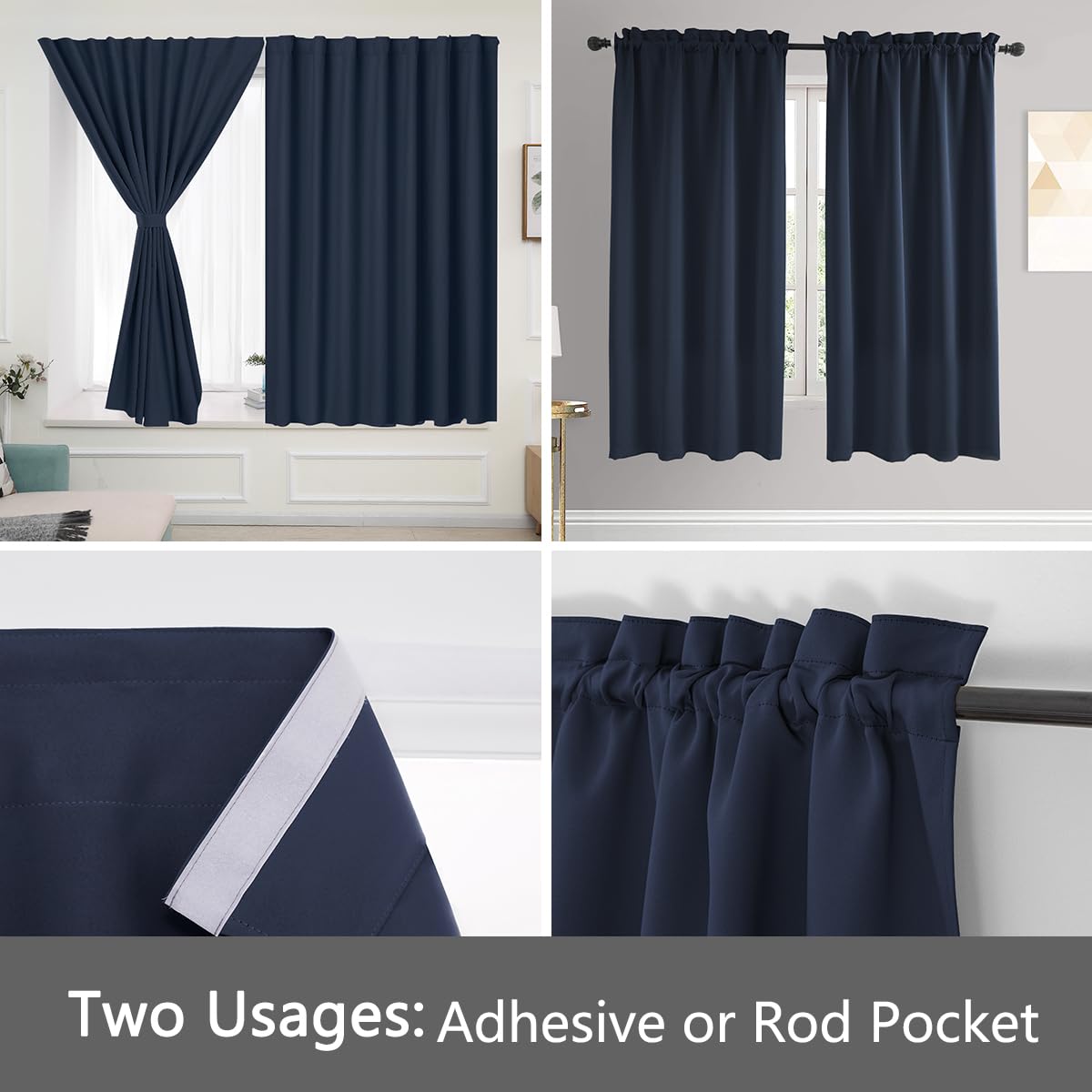 Muamar 2Pcs Blackout Curtains Privacy Curtains 63 Inch Length Window Curtains,Easy Install Thermal Insulated Window Shades,Stick