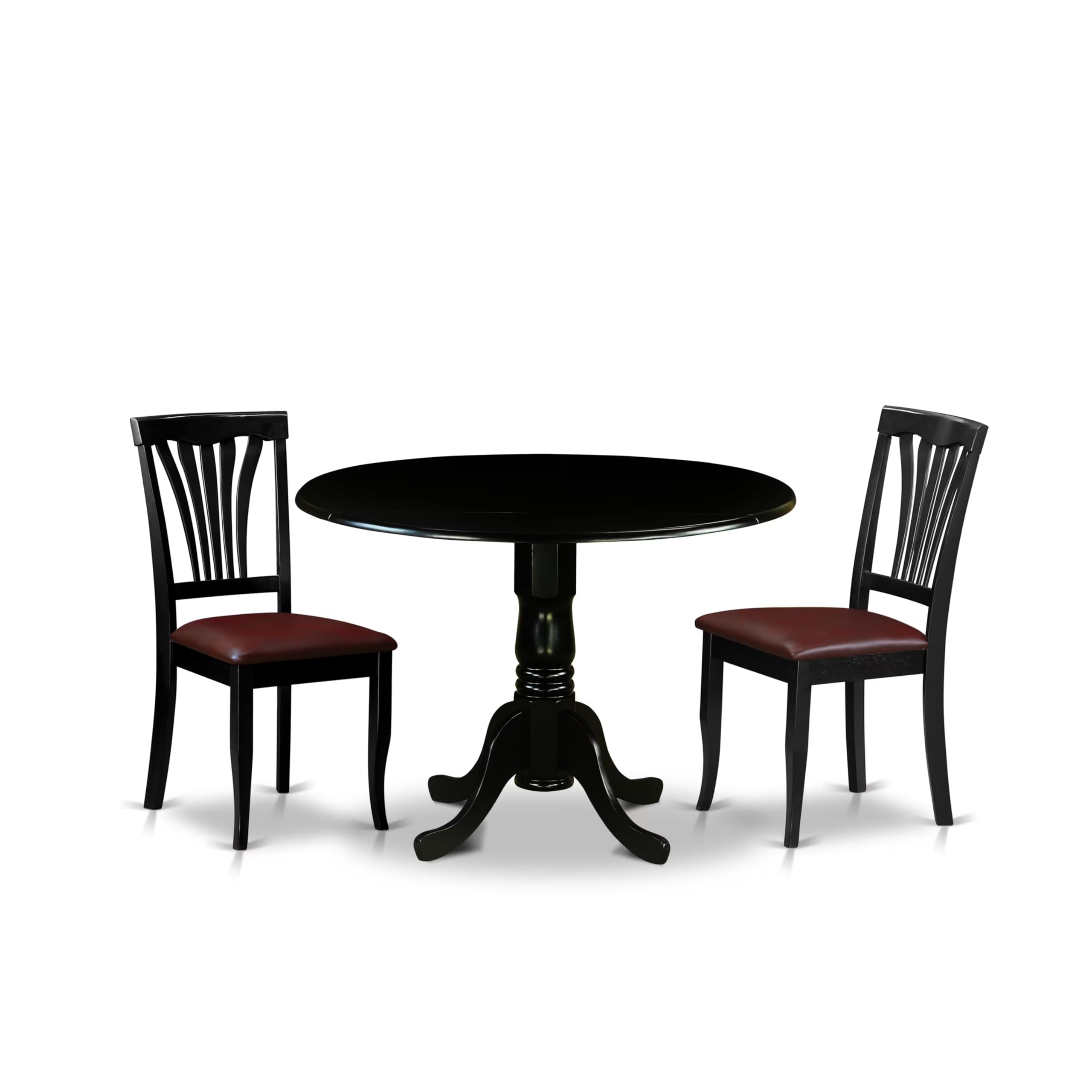 East West Furniture DLAV3-BLK-LC 3 Piece Dining Set Contains a Round Dining Room Table with Dropleaf and 2 Faux Leather Upholstered Kitchen Chairs, 42x42 Inch, Black
