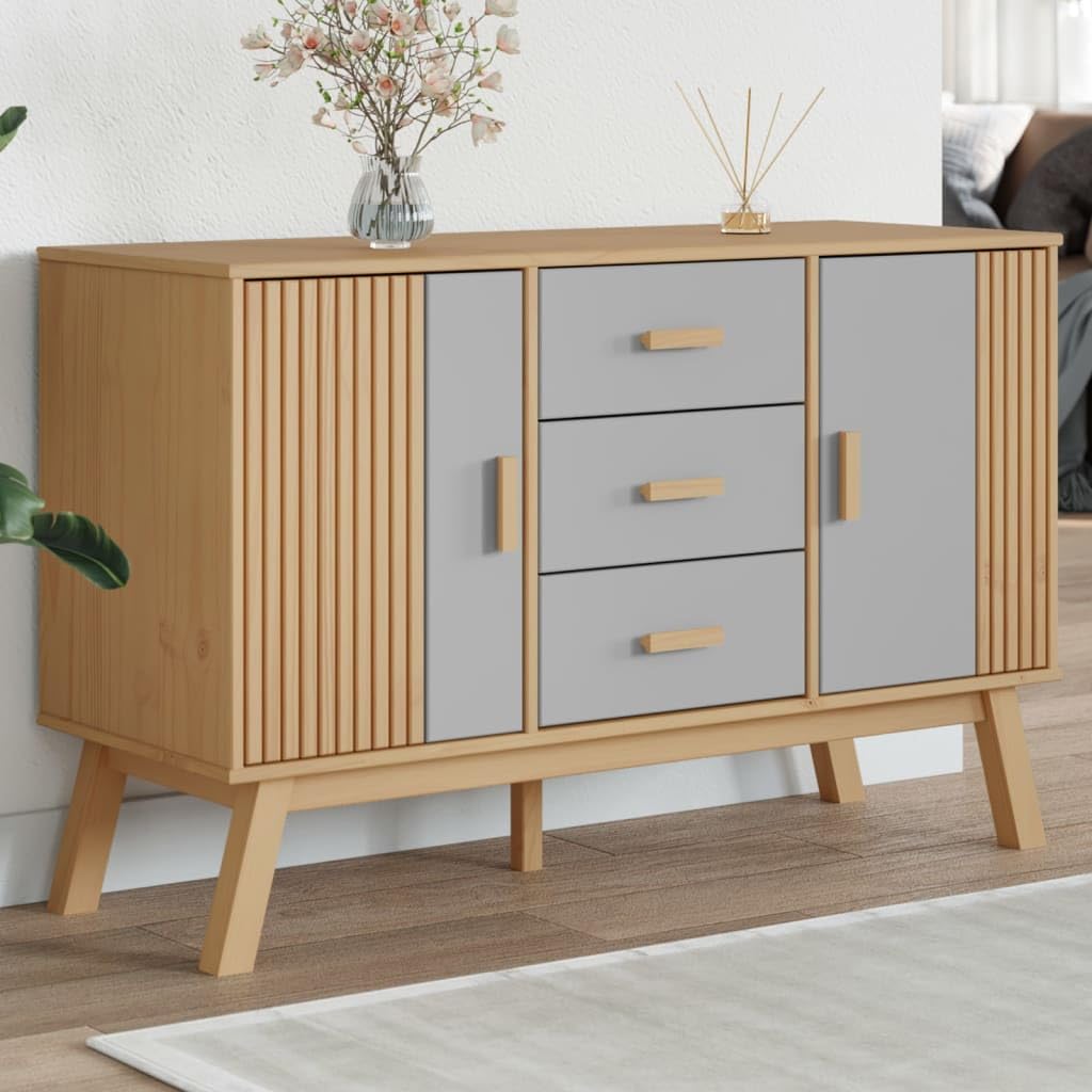 vidaXL Sideboard Olden in Gray and Brown - 44.9&quot;x16.9&quot;x28.9&quot; Solid Pine Wood with 3 Drawers and 2 Compartments, Scandinavian Storage Cabinet