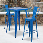 Flash Furniture Commercial Grade 23.75" Square Blue Metal Indoor-Outdoor Bar Table Set with 2 Stools with Backs